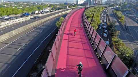 Auckland's pink Nelson Street Cycleway is pictured: having a separate cycleway for the whole of their journey is the number one consideration for the city's cycling commuters. Photo: iStock