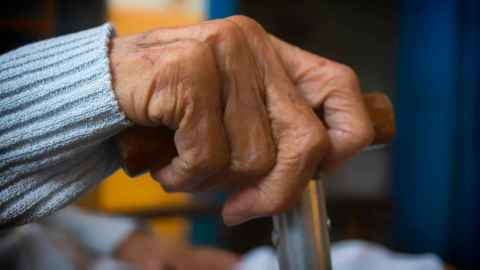 Elderly person's hand resting on a walking stick handle