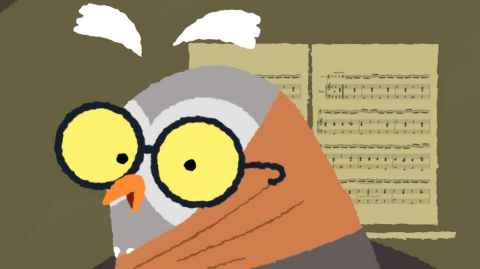 Still from the animated film "Elder Birdsong" showing a bird wearing glasses with sheet music in front of them.