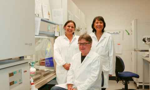 Dr Tamasin Taylor, Dr Ofa Dewes and Professor Peter Shepherd, wearing white lab coats.