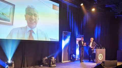 Professor Aglietti Skypes in to the British Interplanetary Society Gala dinner in Belfast on 14 November where his Arthur C Clarke award was collected for him