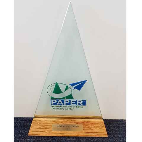 Gordon's trophy from being inducted into the Paper Industry International Hall of Fame in Wisconsin.