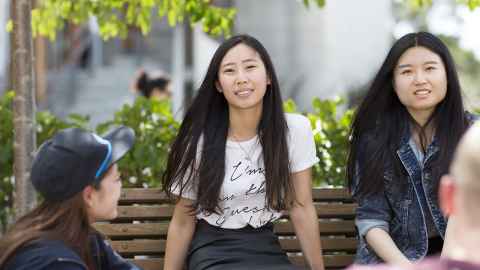 A group of Chinese students sitting on a park bench