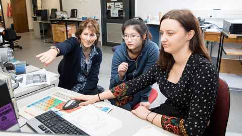 Professor Kathy Campbell (left) with PhD students, Chanenath ‘Kitty’ Sriaporn and Michaela Dobson.