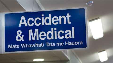 Sign saying: Accident & Medical; Mate Whawhati Tata me Hauora