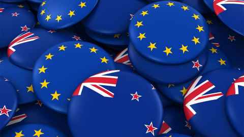 Pin badges decorated with New Zealand flags and European Union flags