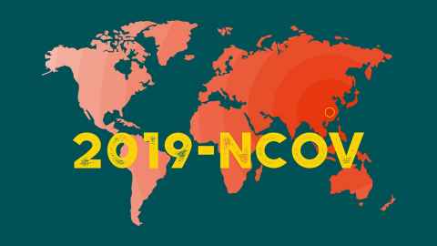 An image shows a world map graded in shades of red on a green background with the words 2019-NCOV printed across in yellow