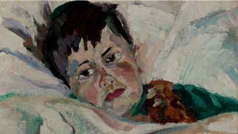 The photo shows a painting of a boy lying in bed: Anne Hamblett, Portrait of Matthew Hamblett, c. 1934, oil on canvas,  private collection. Photo: Supplied and cropped