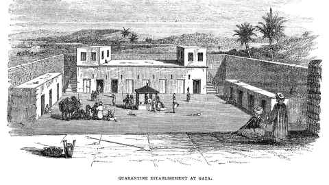 19th century black-and-white engraving of a courtyard and buildings with the caption: Quarantine establishment at Gaza.