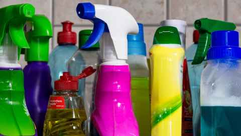 Several bottles of household cleaners
