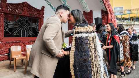 The hongi is part of life at the University. This is Raniera Harrison, lecturer in Māori studies, with Tui Makoare-Iefata from the Business School.