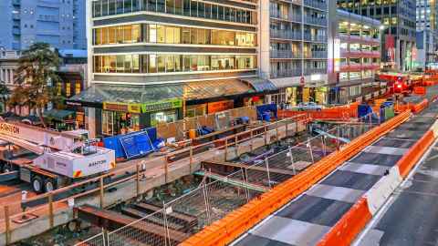 A photo shows CRL construction at the corner of Albert Street and Wyndham Street in Auckland CBD. Photo: City Rail Link Ltd (cityraillink.co.nz)
