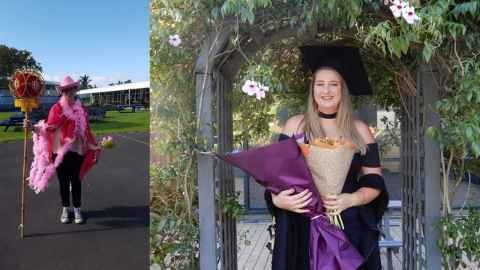 Leisha Ferguson wearing a pink hat and feather boa, and Kendall Rouse wearing a black gown and holding bouquets of flowers.
