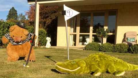 The toy bear and alligator on the lawn outside a house, next to a pole with a triangular flag with the number nine, resembling a golf flag
