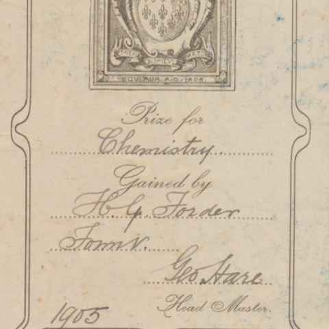 Bookplate in Alphonse de Lamartine’s History of the French Revolution of 1848, Henry Forder’s 1905 prize for chemistry.