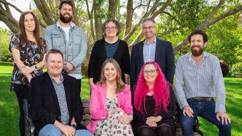 Back, L-R: Dr Emily Harvey, Dr Oliver Maclaren, Associate Professor Ilze Ziedins, Andrew Sporle. Front: Professor Shaun Hendy, Kate Hannah, Associate Professor Siouxsie Wiles, Dr Dion O'Neale