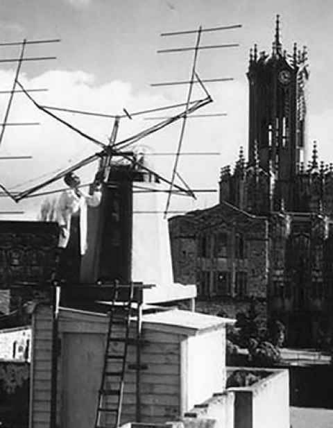 Alan Maxwell with his radar antenna atop the Biology Building in 1947.