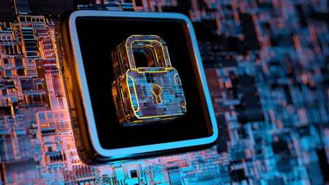 A stylised image of a multi-coloured padlock in a multi-coloured computer motherboard.