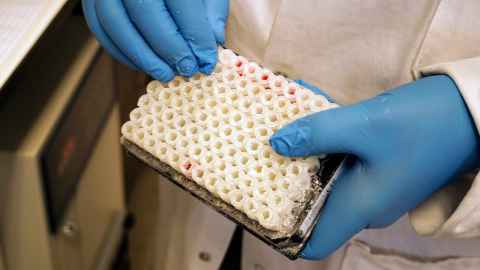 Someone in a lab coat and gloves holding samples.
