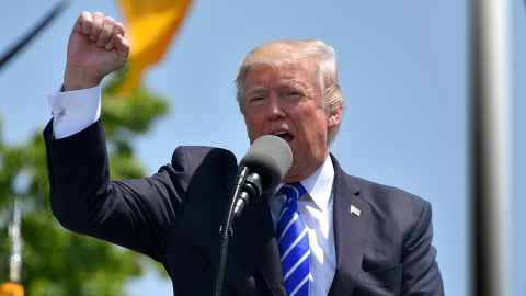 The image show Donald Trump speaking at a rally outdoors: Trump has cast aside truth, justice and decency, and care for the environment. Photo: iStock