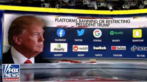 The image is a screenshot taken from the Fox News Channel which has a head shot of Trump on the left and a list of the social media platforms from which he is banned.