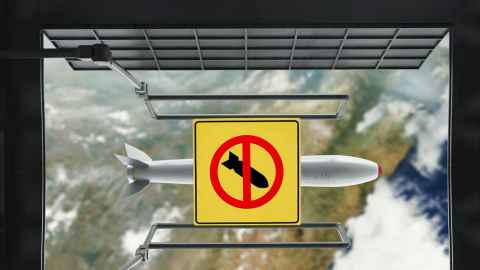 A missile below a plane with a 'no bombs' sign above it.