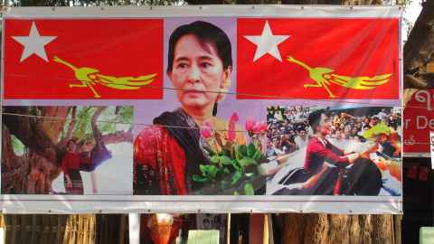The image shows a poster of Aung Sang Suu Kyi from a past election: Her arrest may not be personal, but it is a matter of public concern because she is the symbol of democracy in Myanmar and a legitimately elected leader. Photo: iStock