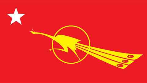 The image shows a red flag with a gold fighting peacock in the centre, a symbol of student activism, democracy and resistance since colonial times. Photo: Wikicommons