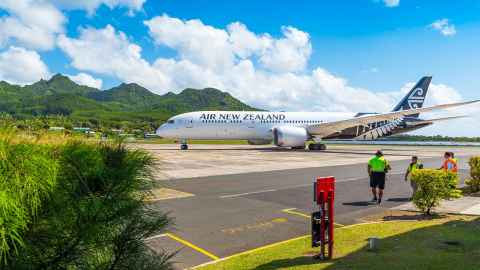 An Air New Zealand flight prepares to leave Aitutaki airport in the Cook Islands.