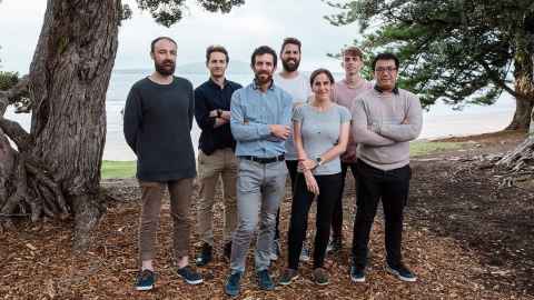 The supermodel team: (from left) James Gilmore, Steven turnbull, Dion O'Neale, Oliver Maclaren, Emily Harvey, Frankie Patten-Elliott and David Wu.