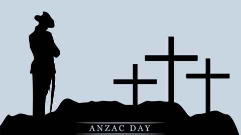 An outline of a soldier, three crosses and the words 'Anzac Day'.