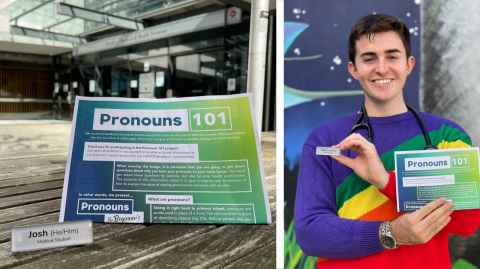 On the left, a name badge with pronouns and an information sheet on Pronouns 101; on the right, a young man with a stethoscope around his neck, holding the name badge and information sheet.