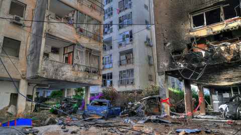 The image shows buildings destroyed in Tel Aviv, Israel, by rockets launched from Gaza, May 2021. Photo: iStock