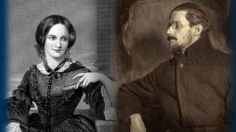 A composite image of Emily Bronte and James Joyce.