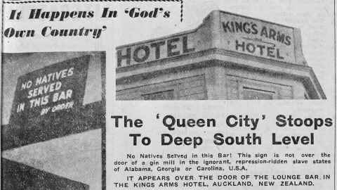 Newspaper article in February 27, 1952, exposing segregation at the King's Arms Hotel, Auckland. Photo: Auckland Libraries Heritage Collection.  