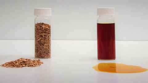 Two vials, one with a grainy substance and one with a reddish liquid.