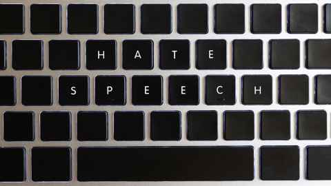 A keyboard with just the letters spelling 'Hate speech'.
