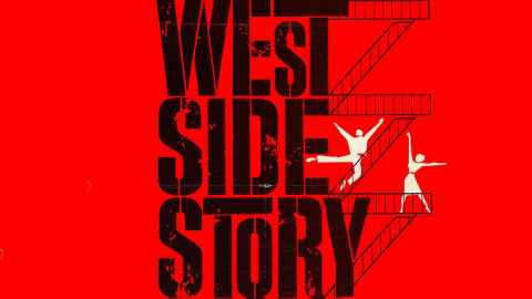 The words 'West Side Story' on a red background, with a stylised drawing of people dancing on stairs.