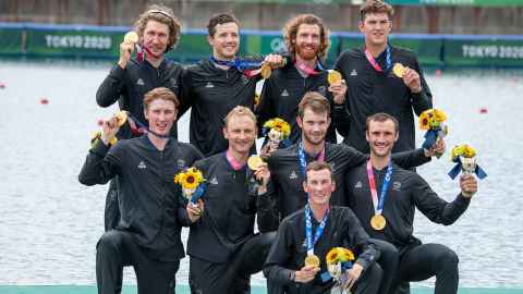 Michael Brake, back row, second from left, with the gold-medal winning men's 8 from the Tokyo Olympics.