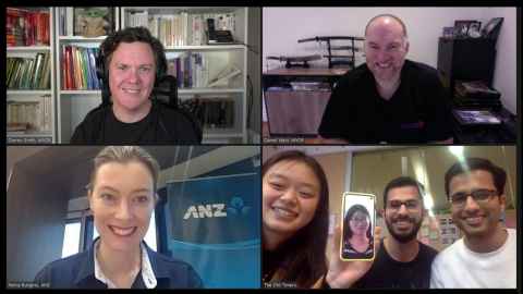 An image from an online meeting, with four different screens.