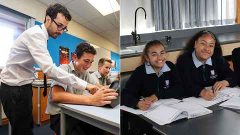 Students and teachers in classrooms.