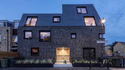 A dark modern building.
