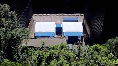 Aerial view of mobile testing unit in a shipping container.