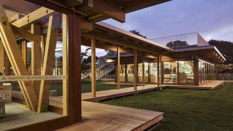 A wooden building.