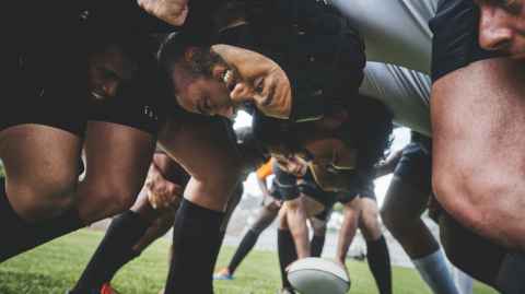 Rugby players in a scrum.
