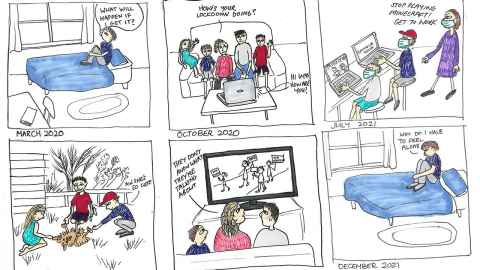 Comic showing child's experiences of fear and anxiety in the pandemic.