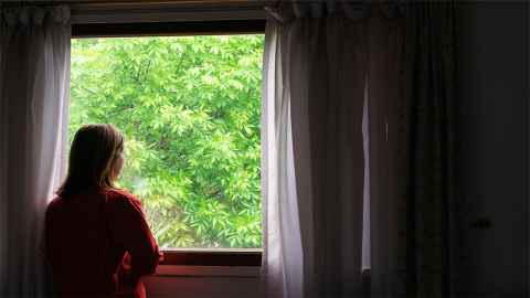 A woman looking out a window, at trees outside.