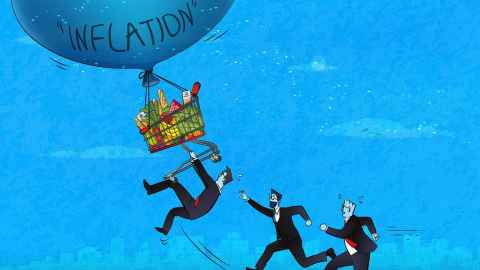 A cartoon showing a man in a suit holding on to a shopping trolley being lifted by a balloon with 'inflation' written on its side.