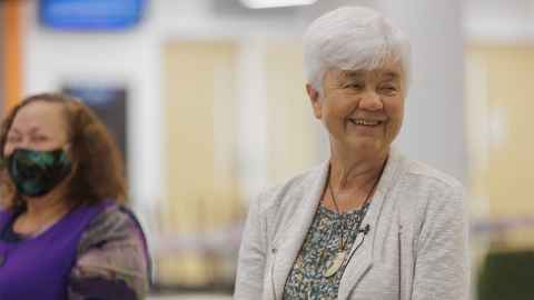 Maureen Lander at the 28 April 2022 blessing for her artwork in the Engineering Building. 