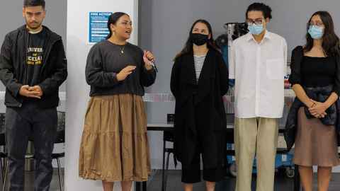 Students involved in the Maureen Lander installation. (L to R) Paraone Luiten-Apirana, Atareta Black, Savannah Brown, Mark Meyers and Mya Dixon.